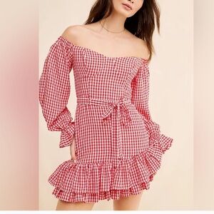 Maeve x Anthropologie Off-Shoulder Red Gingham Ruffle Mini Dress Sz 6 New